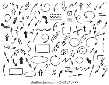 Conjunto de flechas, marcos y símbolos. Dibujo manual de vectores de mano libre con diferentes líneas curvas, giros, cruces, círculos y marcas de verificación. Indicadores de dirección. Garabatos y garabatos.
