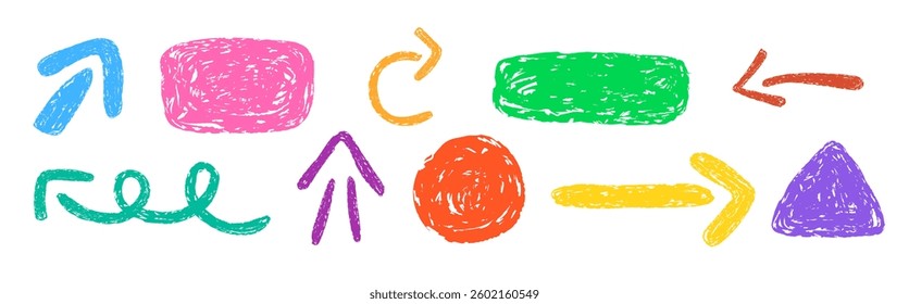 Set of arrows and geometric shapes drawn with crayon or chalk texture