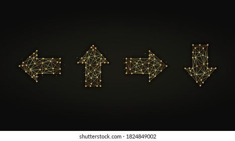 Set of arrows golden abstract illustration on dark background. Arrow symbols made from lines and dots.