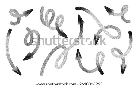 Set of  arrows with a grainy texture, featuring dynamic loops, curls, and curves.  Ideal for creative presentations infographics and design elements.