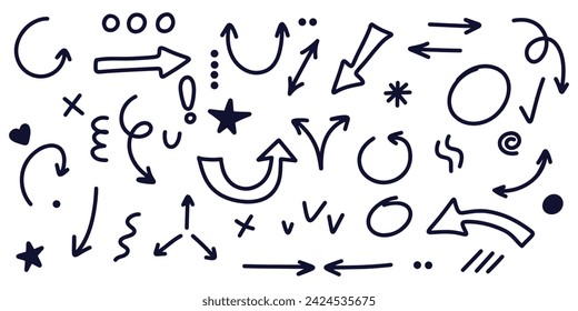 Set of arrows and graphics drawn by hand with pen or marker in different versions in the doodle style. Doodle-style hand-drawn infographics. Black graphic design elements on a white background