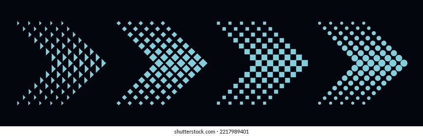 Set of arrows with halftone effect. Arrows halftone dots. Bright and colorful arrows on a black background.
