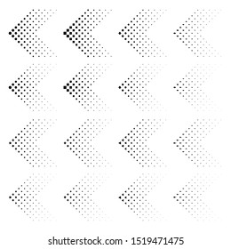 Set of arrows with halftone effect. Vector illustration EPS10. Black arrows collection isolated on white. Circle, square, star, arrow, rhomb, triangle in shape like arrow.