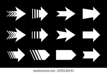 Set of arrows. Halftone signs. Arrow element for your design. Striped direction. Various cursors, pointers for websites, applications, design. Vector illustration