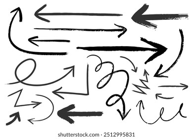 Satz von Pfeilen, handgezeichnet mit Pinsel und schwarzer Tinte. Vektorgrafik