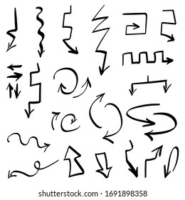 Ensemble de flèches. Ensemble d'éléments dessinés à la main.
Logos vectoriels simples. Indicateurs de direction, pointeurs et éléments de défilement. 
Collection de diverses flèches
 Isolé sur fond blanc
 Illustration vectorielle