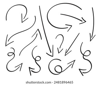 Set of arrows. Hand drawn elements collections.Simple vector logos. Direction indicators, pointers and scroll elements.Collection of various arrows.Isolated on white background.Vector illustration