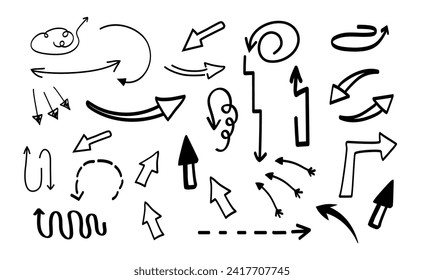Conjunto de flechas en estilo dibujado a mano. Ilustración vectorial. Aislado. Colección de garabatos. Crítica. Diagramas. Manos libres. Swirl, zig zag. Fondo blanco. Tendencia