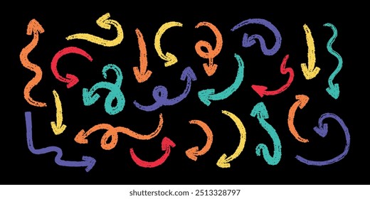 Set of arrows in hand drawn style. Vector stock illustration. isolated. Icon. Decoration items. Brush. Ink. Charcoal and crayon. Drawing. Scribble pencil. Shape and element. Doodle. Graffiti. Cursor 