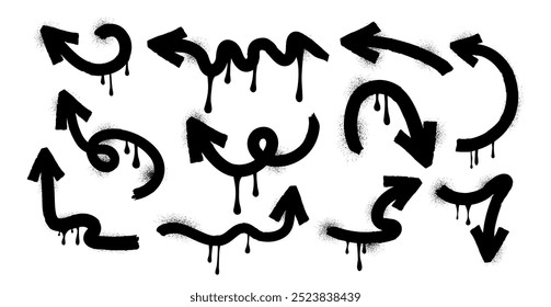 Satz von Pfeilen im handgezeichneten Stil. Symbol. Pinsel. Holzkohle und Buntstifte. Zeichnen. Schreibstift. Grunge Textur Form. Trendy Elemente. Kollektion Graffiti. Spray, Punkte. Geschmolzene Farbe. Tinte. Freihand.