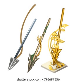 Set of arrows harpoon isolated on white background. The souvenir is made of gold. Vector cartoon close-up illustration.