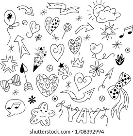 Set of arrows, hearts, bows, small elements in vector graphics in vector graphics on a white background. For the design of diaries, notebooks, postcards, covers, wrapping paper.