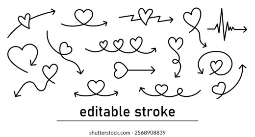 Set of arrows with hearts. Collection of different arrows, hearts, love symbols. Happy Valentine's Day. Romantic design to celebrate 14 February.