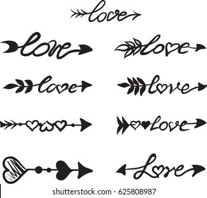 Set of arrows with hearts and the word "love"