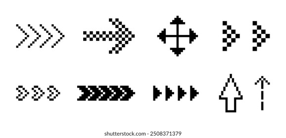 Set of arrows icon in pixel art. Arrow icon. Pixels design elements in the mood of 90's aesthetics. Y2k trendy stickers. 8 bit retro style vector illustration. Simple geometric form