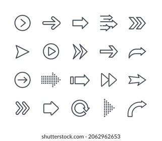 Set of arrows icons. Collection of buttons for websites. Go to next page, minimalism, monochrome pictures. Cursor, direction, pointer. Cartoon flat vector illustration isolated on white background