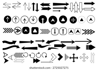 Conjunto de ícones de setas, ícones de setas direcionais em vários estilos e orientações, Limpar e minimalista ícones de seta traseira, coleção de setas sólidas simples modernas, ilustração de vetor