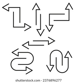 Set of arrows icons. Movement in the left, right, up, backward, arrow pointer line sign. Vector illustration. EPS 10.