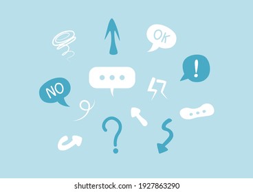 Juego de iconos de flechas en fondo azul. Colección Scrapbook. Iconos de flechas diferentes. burbujas de voz, cuadro de texto y signo de interrogación. Ilustración vectorial.