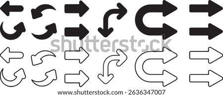Set of arrows includes various shapes, directions, and styles. Features pointing arrow icons in solid and outline forms against a transparent backdrop.