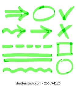 Set of arrows, lines, characters, written in green marker. EPS 8 Vector.