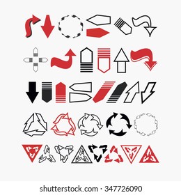 Set of arrows and lines, symbols left, right, up, down, isolated on a white background, vector illustration