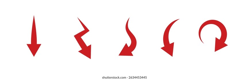 Conjunto de flechas moviéndose hacia abajo en color rojo. Ilustración vectorial simple aislada sobre fondo blanco.