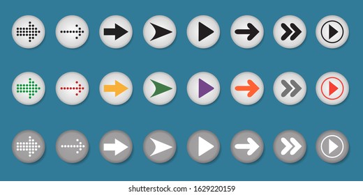 Set of arrows on buttons on blue background. Vector illustration