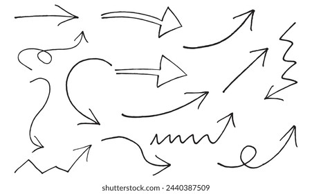 Set of arrows on white background. Isolated hand drawn arrows in different shapes. Vector illustration.