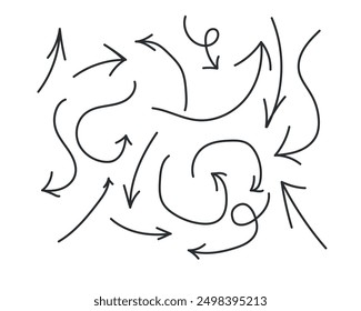 Set of arrows on white background. Hand drawn elements for design. Thin line black arrows in different direction. Doodle icon. Vector isolated illustration.