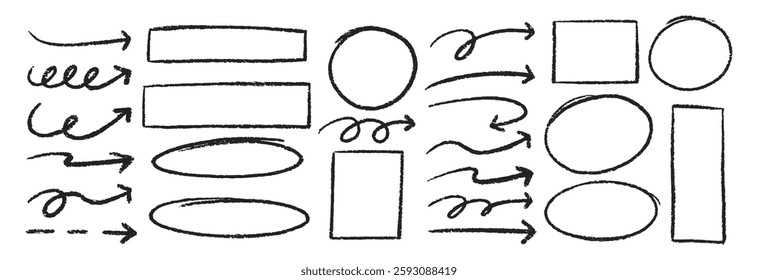 Conjunto de setas, ovais e retângulos com textura de giz de cera, giz e pastel. Elementos de design manuscritos para estudo ou diário. Ilustração de vetor de esboço isolada em um plano de fundo branco.