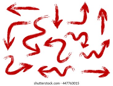Set of arrows painted rough brush by hand. Tough red strokes. 12 elements isolated on white background. Abstract.