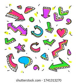 Set of arrows, pointers. Color retro set of graffiti stickers.