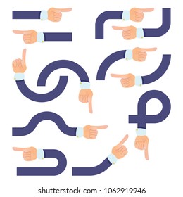 Set of arrows, set of pointers, vector illustration. Pointing finger, pointing arms, pointing hands. Pointer. Female hand.