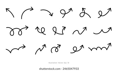 Set arrows pointing in different directions handwritten, line art style  ,Hand drawn design elements , Flat Modern design, isolated on white background, illustration vector EPS 10