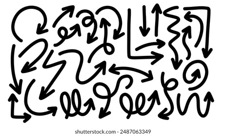 Conjunto de flechas apuntando en diferentes direcciones caligrafía manuscrita aislado sobre fondo blanco, diseño plano moderno, ilustración Vector EPS 10
