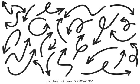 Conjunto de flechas que apuntan en diferentes direcciones caligrafía escrita a mano aislada sobre fondo blanco, diseño plano moderno, Vector de ilustración EPS 10