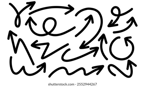 Set arrows pointing in different directions handwritten calligraphy isolated on white background , Flat Modern design, illustration Vector EPS 10