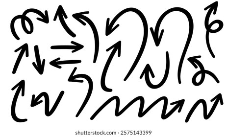 Set arrows pointing in different directions handwritten calligraphy isolated on white background , Flat Modern design, illustration Vector EPS 10