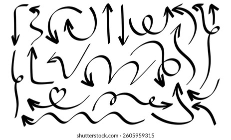 Set arrows pointing in different directions handwritten calligraphy isolated on white background , Flat Modern design, illustration Vector EPS 10