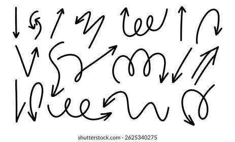 Set arrows pointing in different directions handwritten calligraphy isolated on white background , Flat Modern design, illustration Vector EPS 10