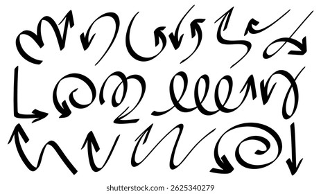 Definir setas apontando em diferentes direções caligrafia manuscrita isolada sobre fundo branco , design moderno plano, ilustração Vetor EPS 10