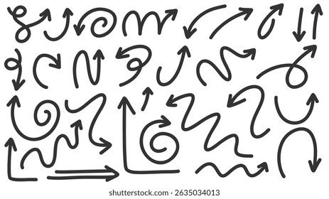Set arrows pointing in different directions handwritten calligraphy isolated on white background , Flat Modern design, illustration Vector EPS 10