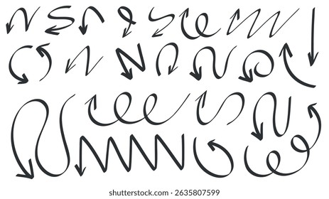 Set arrows pointing in different directions handwritten calligraphy isolated on white background , Flat Modern design, illustration Vector EPS 10