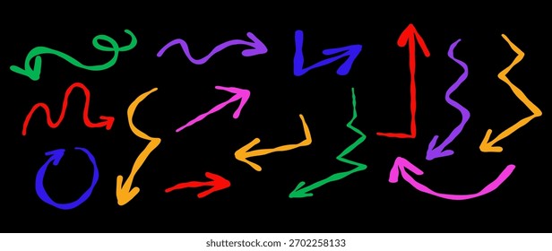 Set arrows pointing in different directions. Colored arrow icons on black background for websites, flyers, educational materials and other.