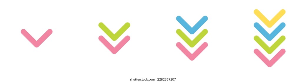 A set of arrows pointing down. Colored arrows infographics vector set. Check marks vector. Set of colorful arrows. A collection of stylish cursors and pointers.