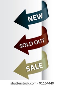Set of arrows pointing at the new, sold out and discount item