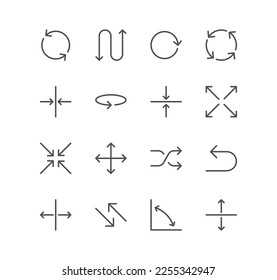 Set of arrows related icons, refresh, reload, loop, corner, turn, synchronize, resize, return and linear variety vectors.