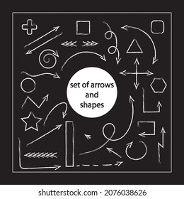 set of arrows and shapes in white on a black background in grunge style, doodle. vector set. Circle, cross, square, triangle, polygon, dotted line.	