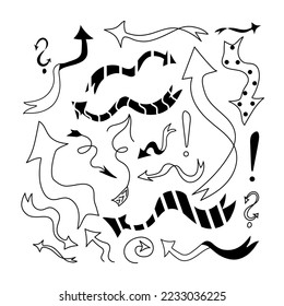 Establezca Flechas y signos en estilo de doodle en un fondo aislado. Ilustración vectorial con dibujos en color.